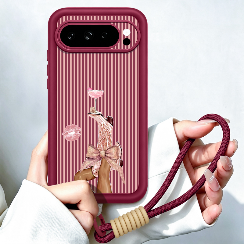 Google Pixel 9 Pro - เคสโทรศัพท์ลายแก้วไวน์ลายทาง พร้อมสายคล้อง สำหรับ Google Pixel 10