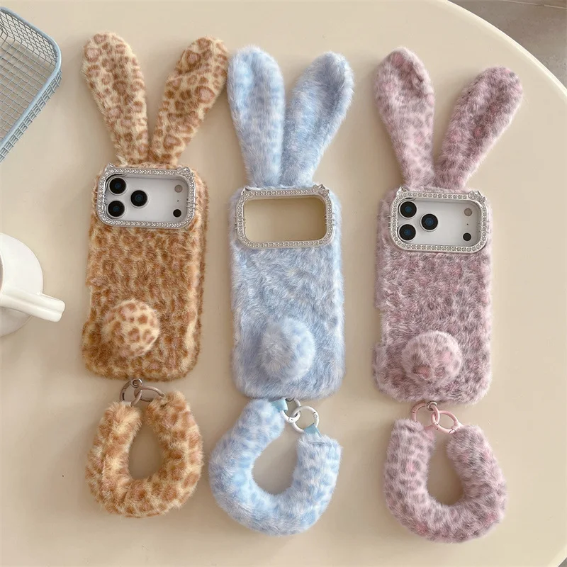 Apple Iphone 15 Pro Max - เคสขนนุ่มลายการ์ตูนน่ารักลายเสือดาวพร้อมหูกระต่ายสำหรับ iPhone 18 17 Air 16